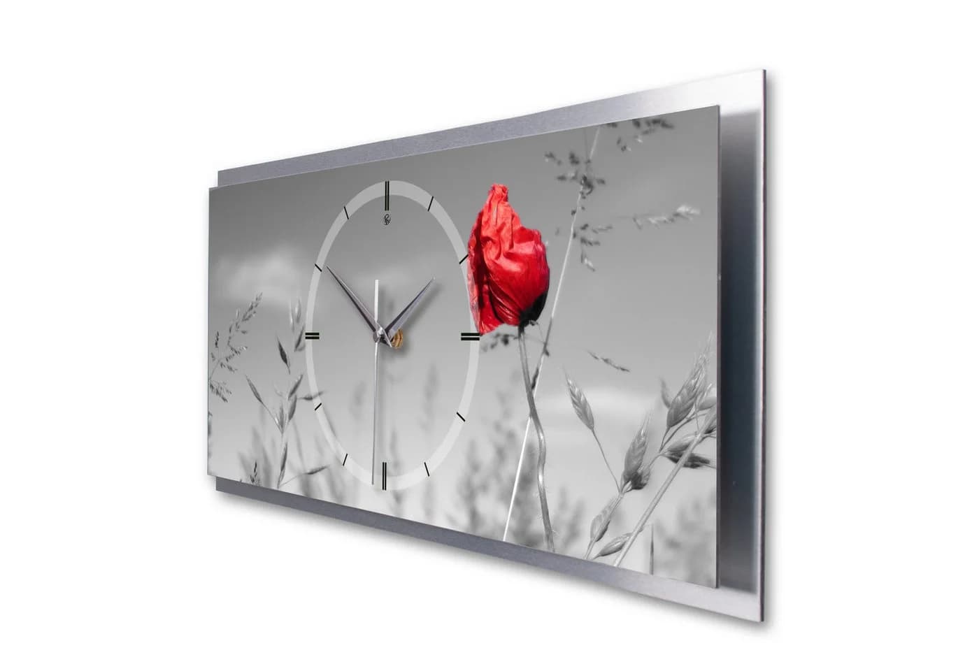 Kreative Feder 3D Wanduhr Mohnblume Aluminium Silber Leise