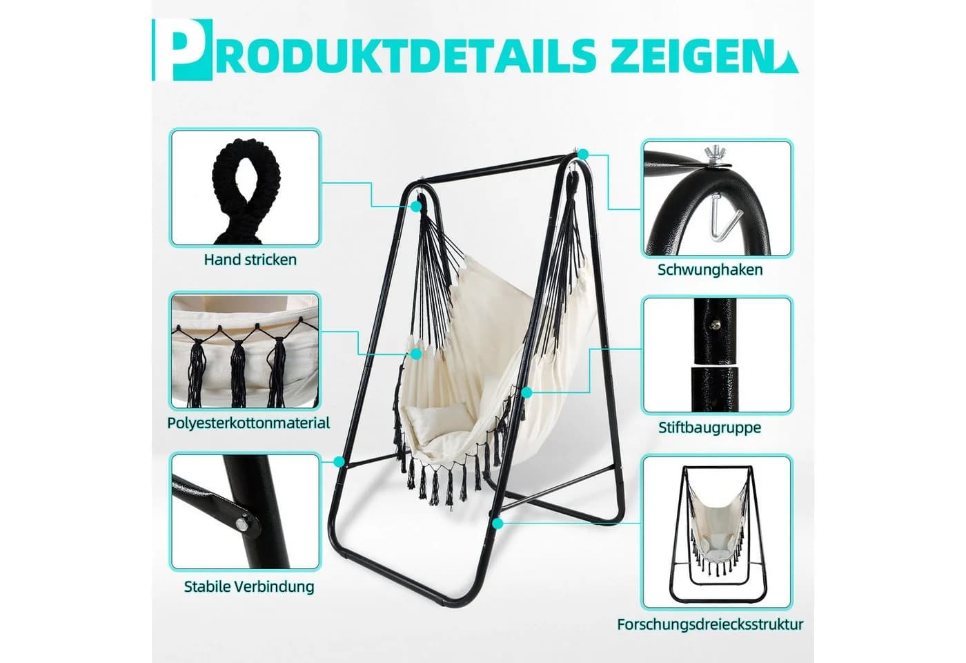 CCLIFE Hängesessel mit Gestell Beige Tragbar Hängeschaukel - Bild 3