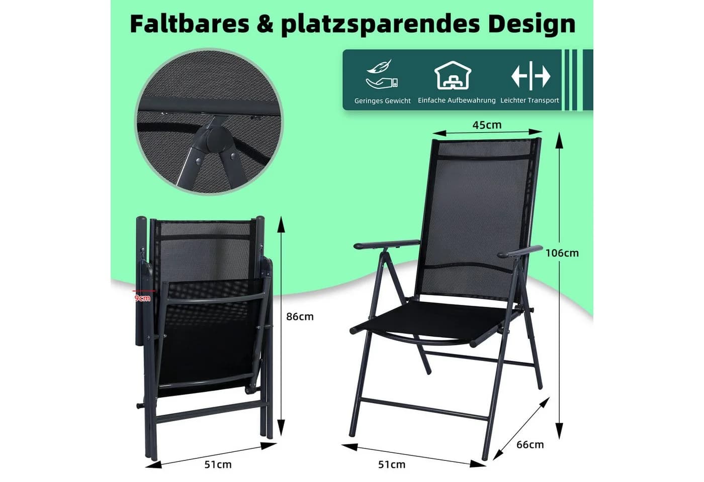 CCLIFE Klappstuhl Gartenstuhl 2er Set Teslin-Gewebe verstellbar