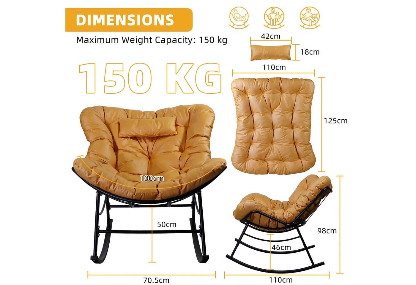 CCLIFE Schaukelstuhl mit Kopfstütze, 150kg Tragfähigkeit, Beige/Grau/Orange
