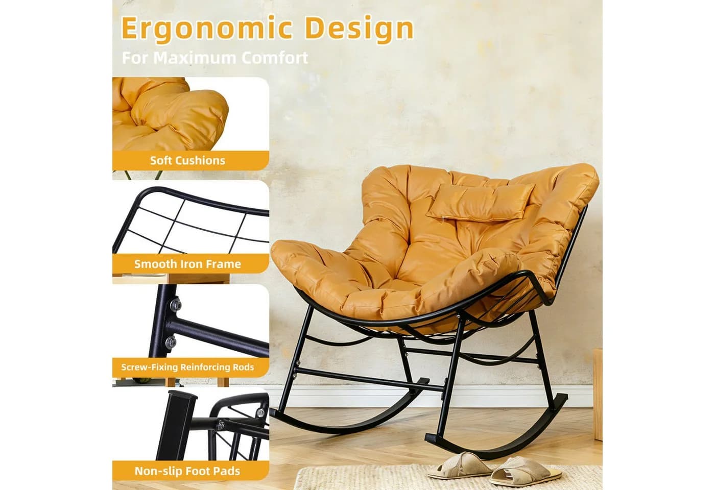 CCLIFE Schaukelstuhl mit Kopfstütze, 150kg Tragfähigkeit, Beige/Grau/Orange - Bild 3