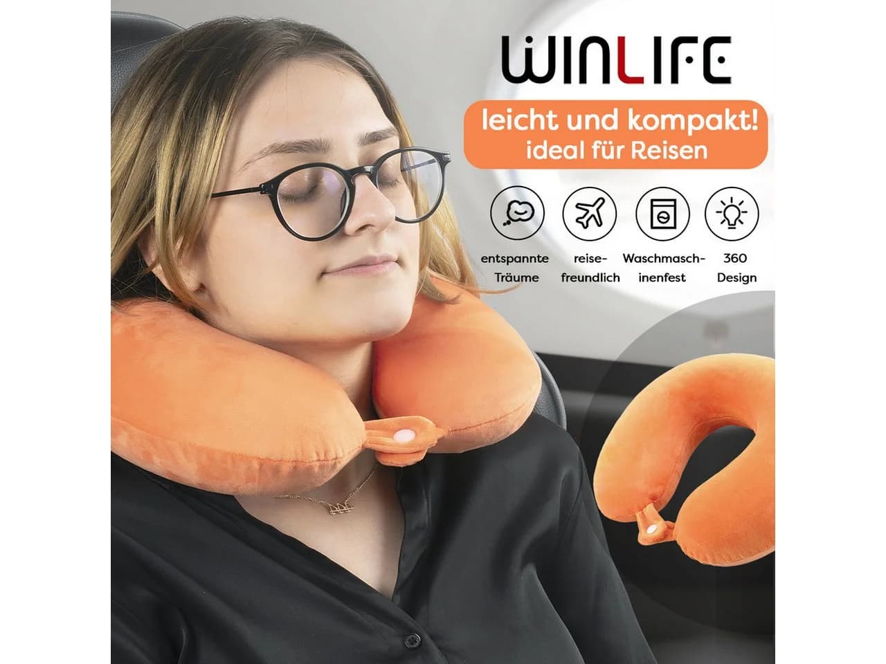 WINLIFE Reisekissen Memory Foam Nackenhörnchen Orange - Bild 5
