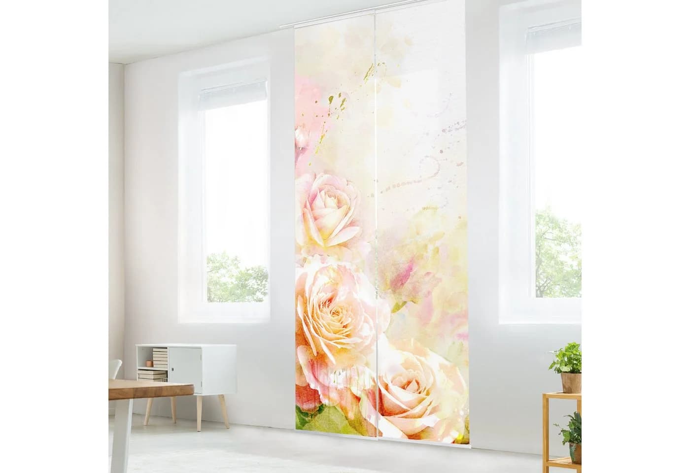 Bilderdepot24 Schiebegardine Orange Aquarell Rosen Klemm-System