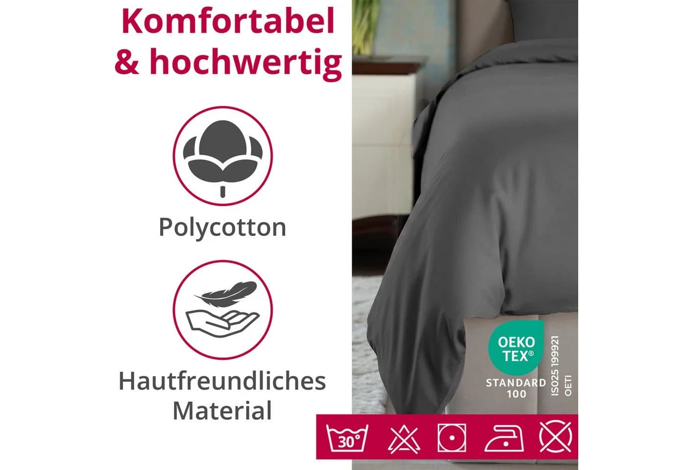 DecoHomeTextil Bettwäsche Set Grau Uni mit Reißverschluss Polycotton - Bild 5
