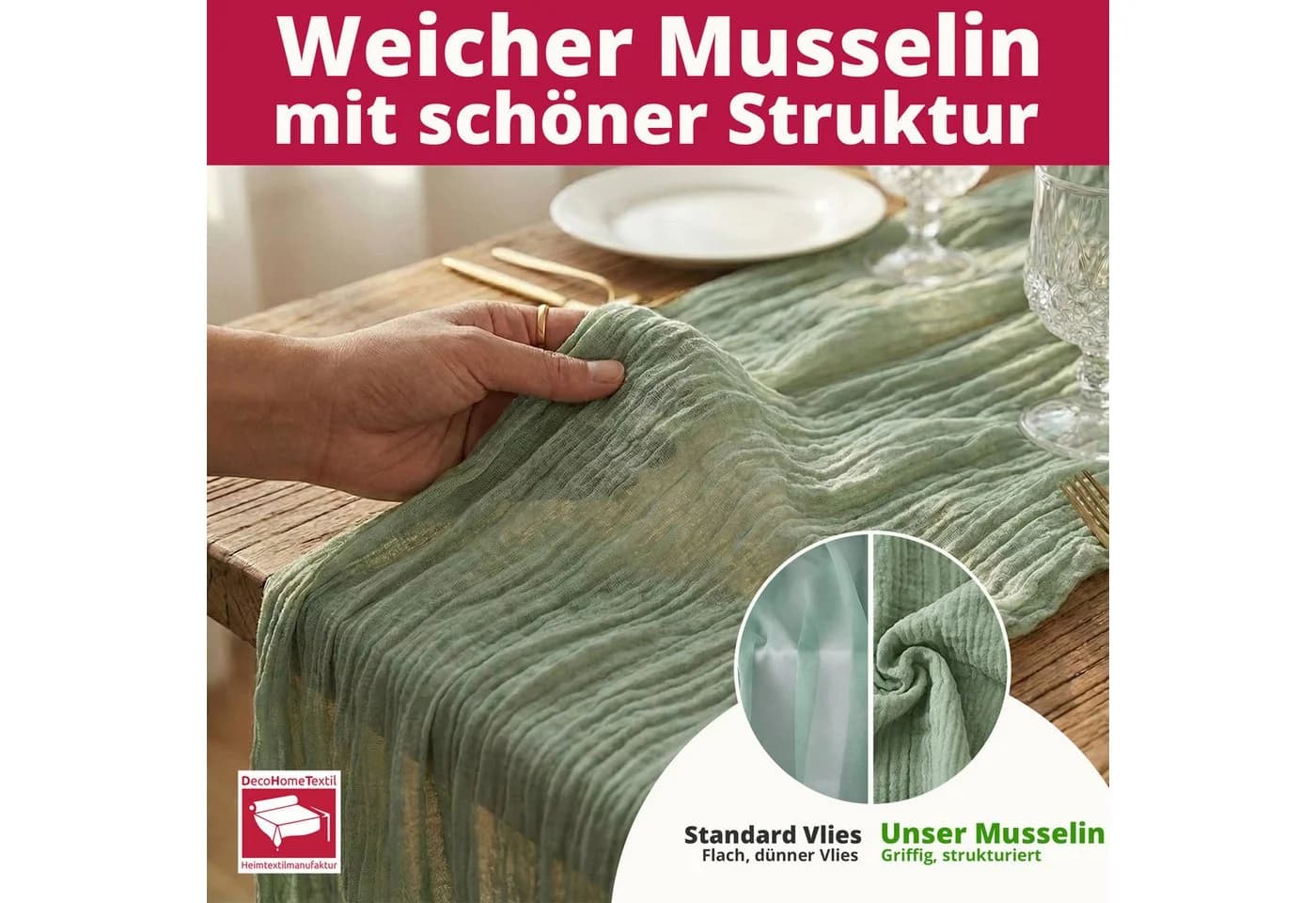 DecoHomeTextil Heimtextilmanufaktur Tischläufer Musselin Weiß Faltenoptik - Bild 3