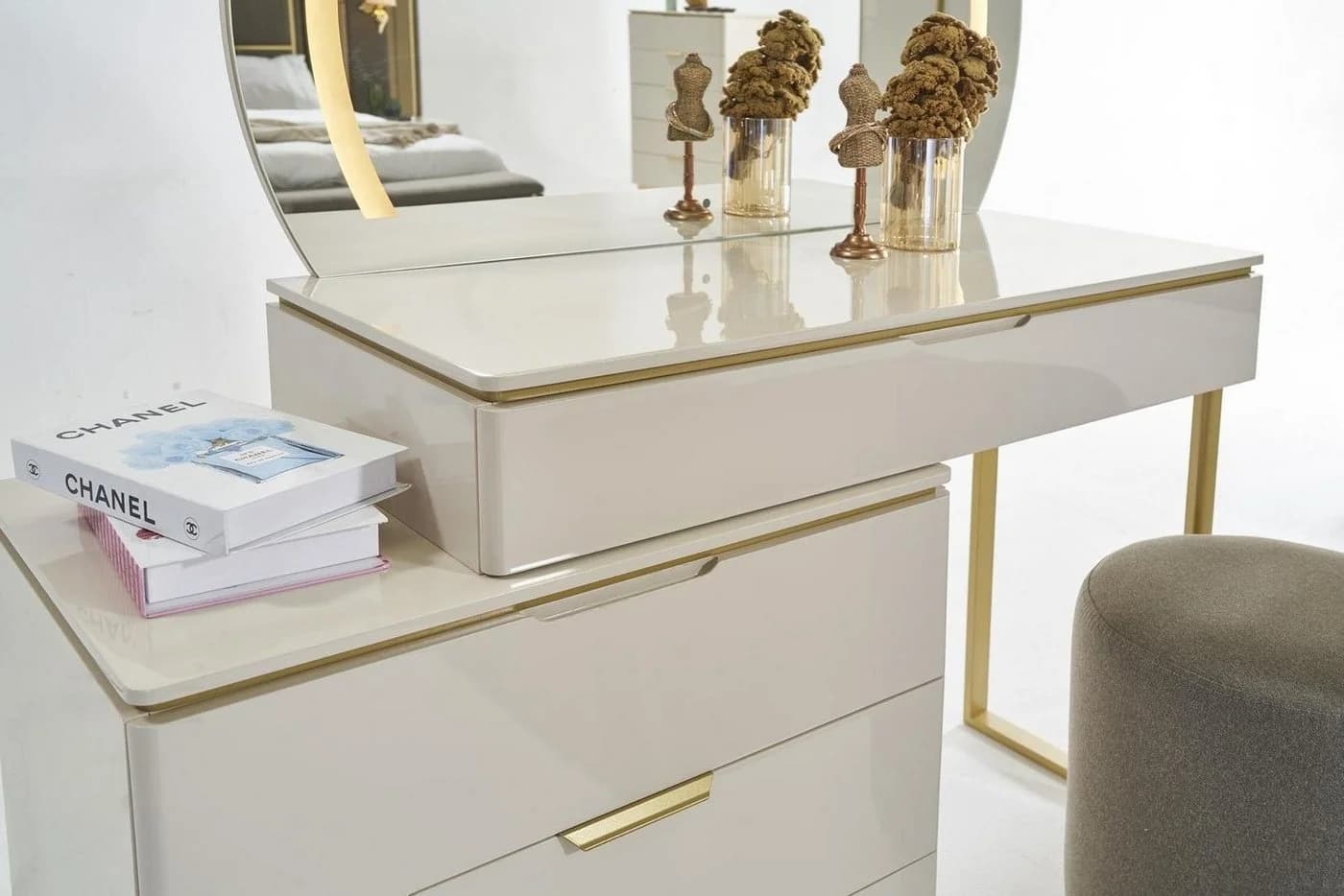 JVmoebel Schminktisch 3-tlg. mit Spiegel & Hocker Beige Modern - Bild 3