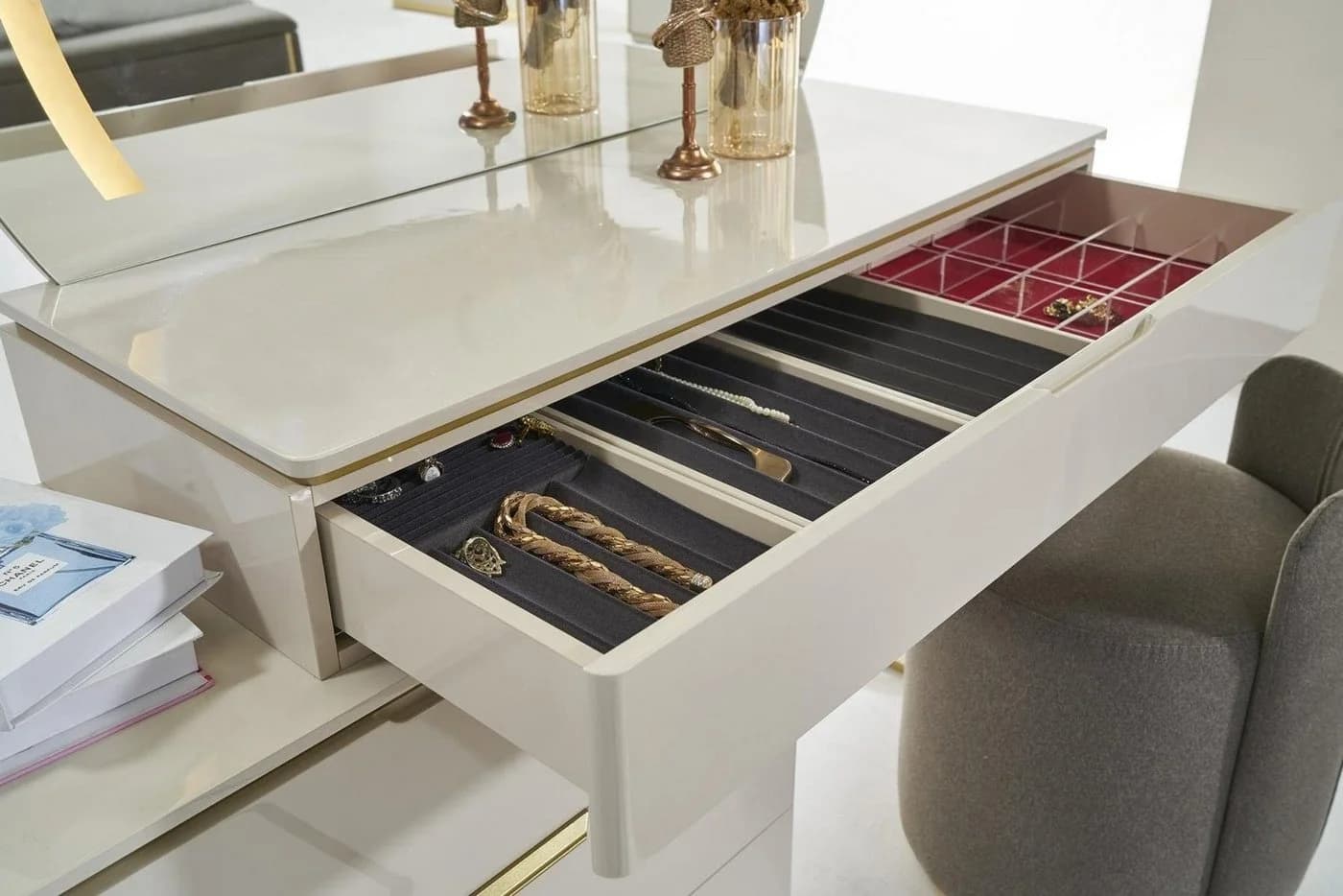 JVmoebel Schminktisch 3-tlg. mit Spiegel & Hocker Beige Modern - Bild 5
