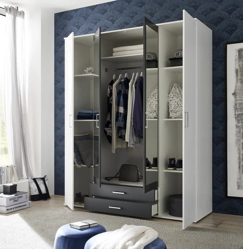 möbelando Kleiderschrank Hanau Weiß/Graphit mit Spiegeln und Schubladen - Bild 4