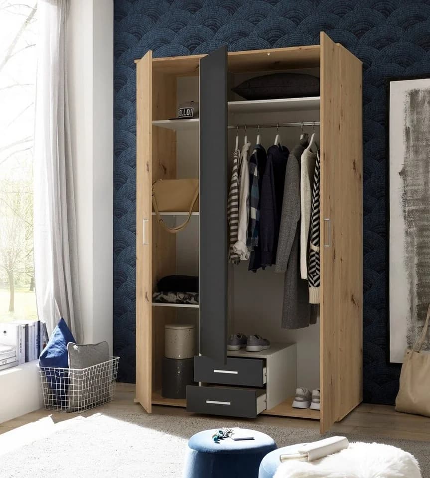 möbelando Kleiderschrank Marburg 3 Türen 2 Schubladen Eiche Graphit - Bild 3