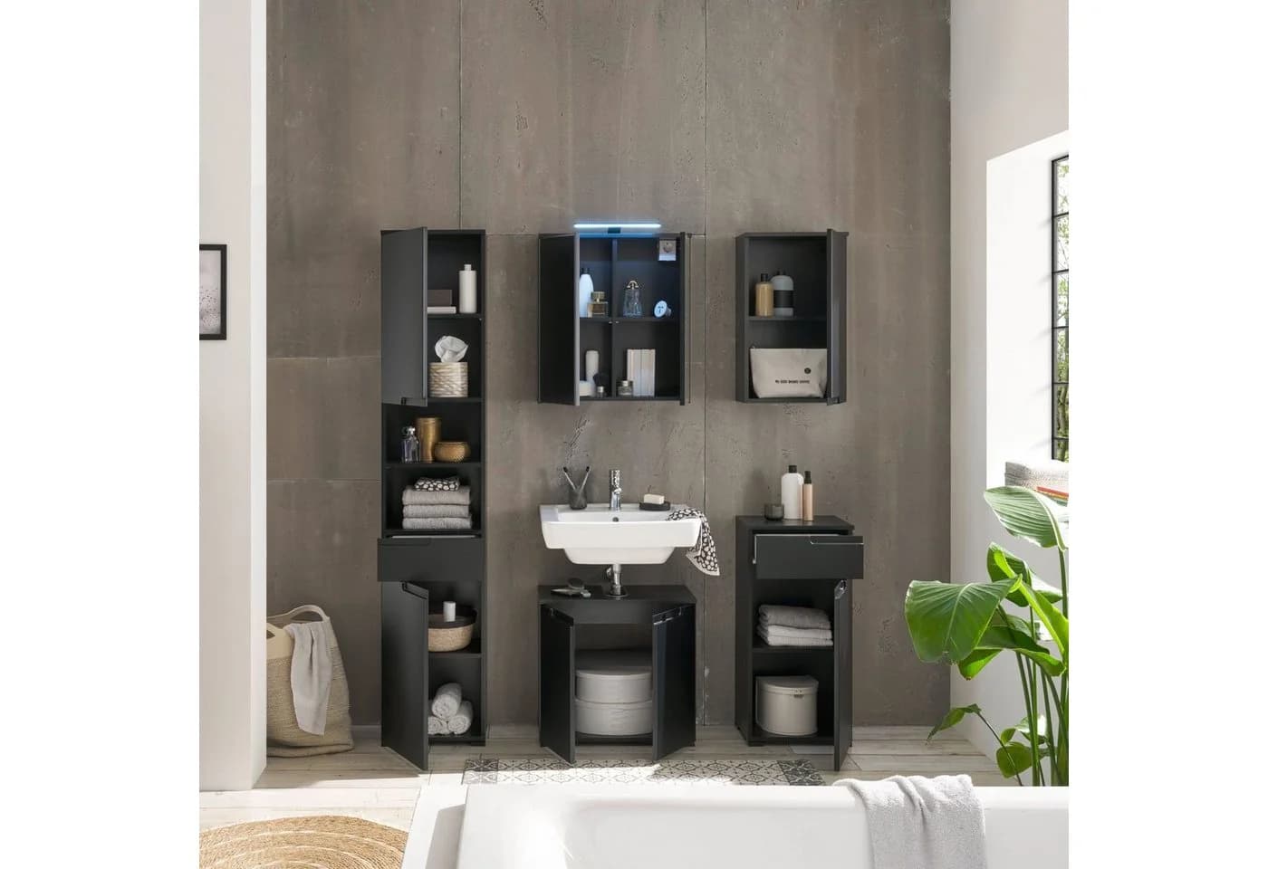 PREISBRECHER Waschbeckenunterschrank Spice Schwarz Matt 2 Türen - Bild 5