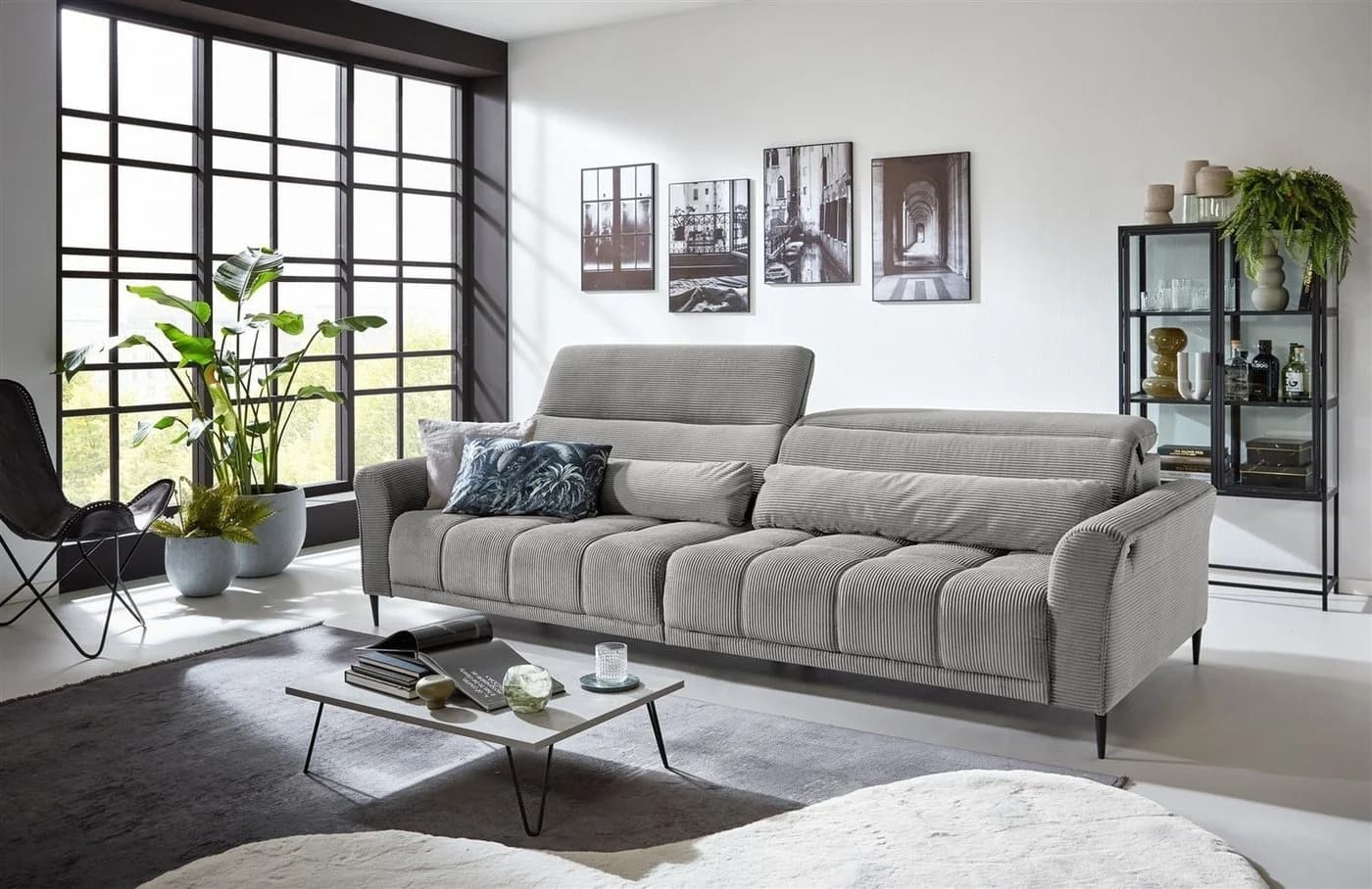 freiraum Big-Sofa Wolve 2x Elektrische Sitzverstellung Cord Silbergrau