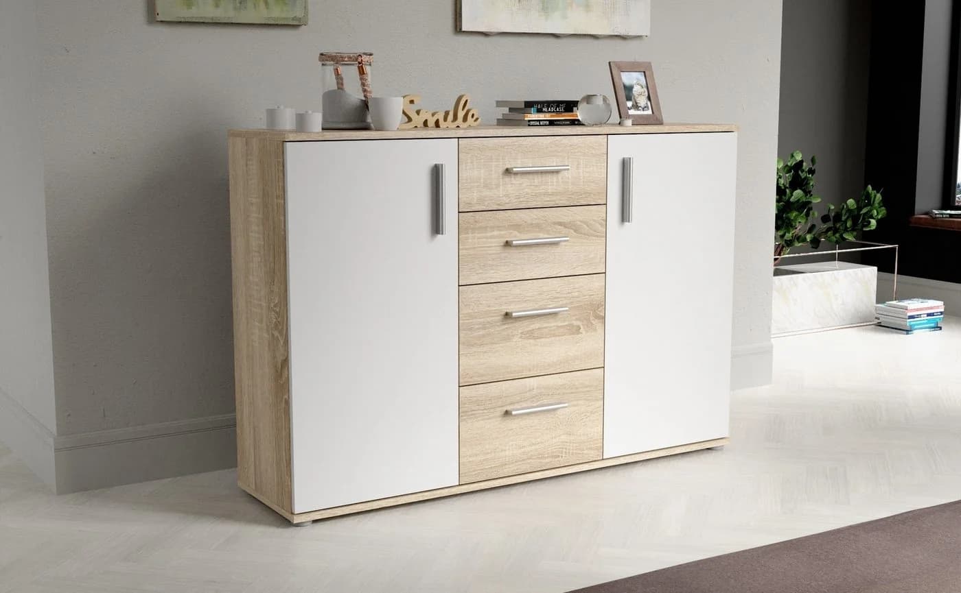 freiraum Sideboard IKOLI 2 Türen 4 Schübe Sonoma Eiche Weiß