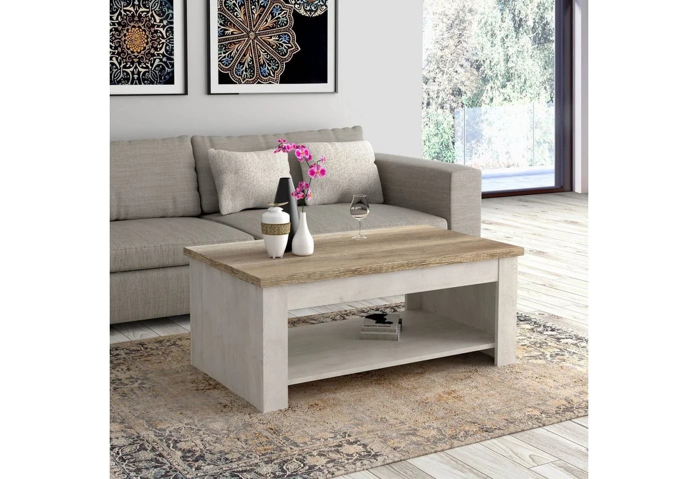 freiraum Couchtisch DURO Aufklappbar Pinie Weiss Eiche Antik