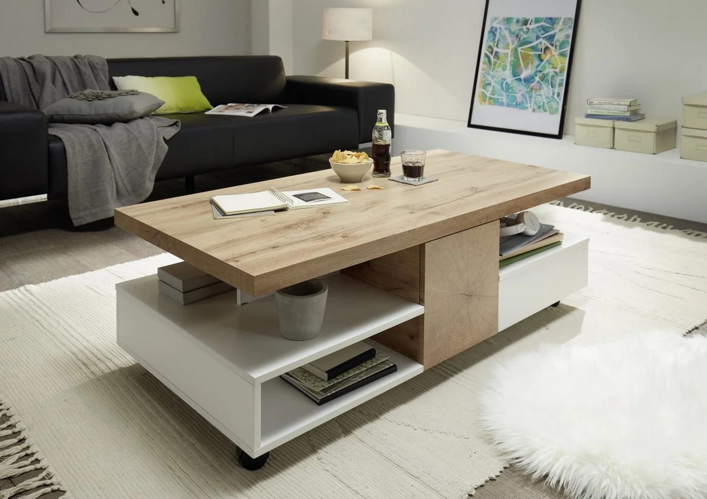 freiraum Couchtisch RENNES mit Stauraum und Rollen MDF Eiche/Weiß