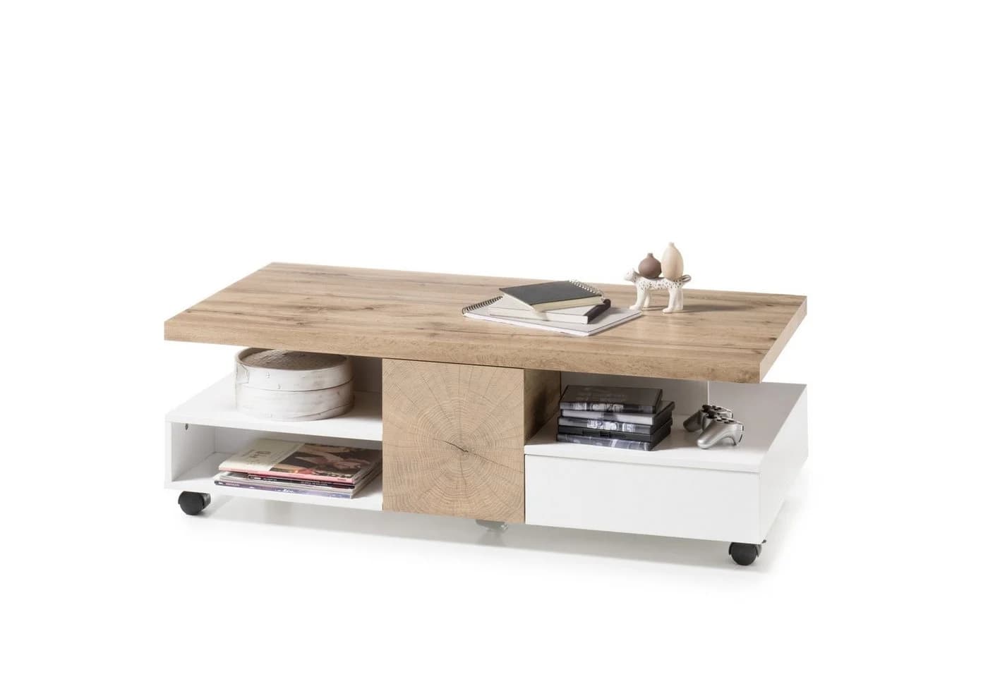 freiraum Couchtisch RENNES mit Stauraum und Rollen MDF Eiche/Weiß - Bild 3