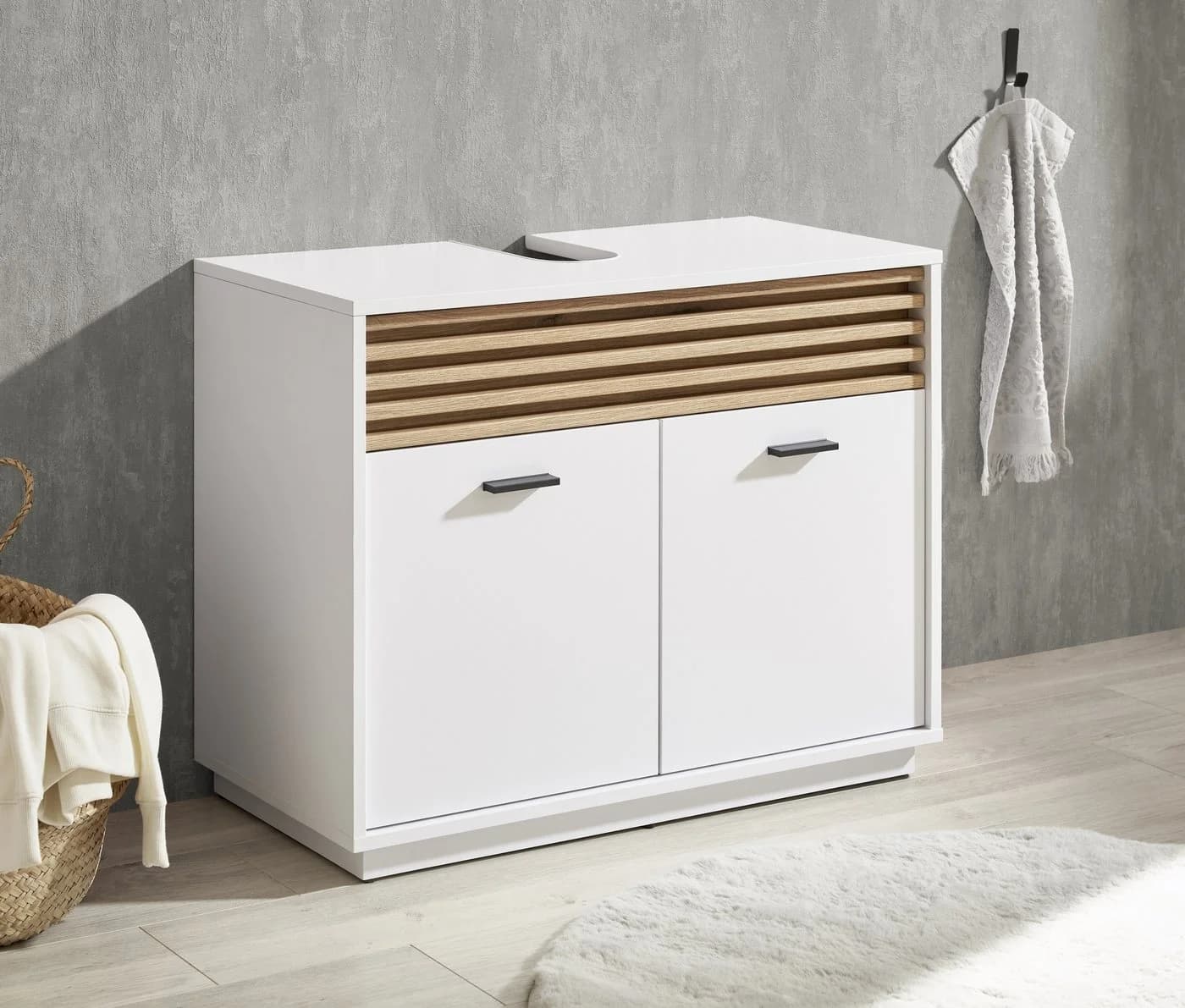 PREISBRECHER Waschbeckenunterschrank Liguria Weiß Eiche Dekor Modern - Bild 5