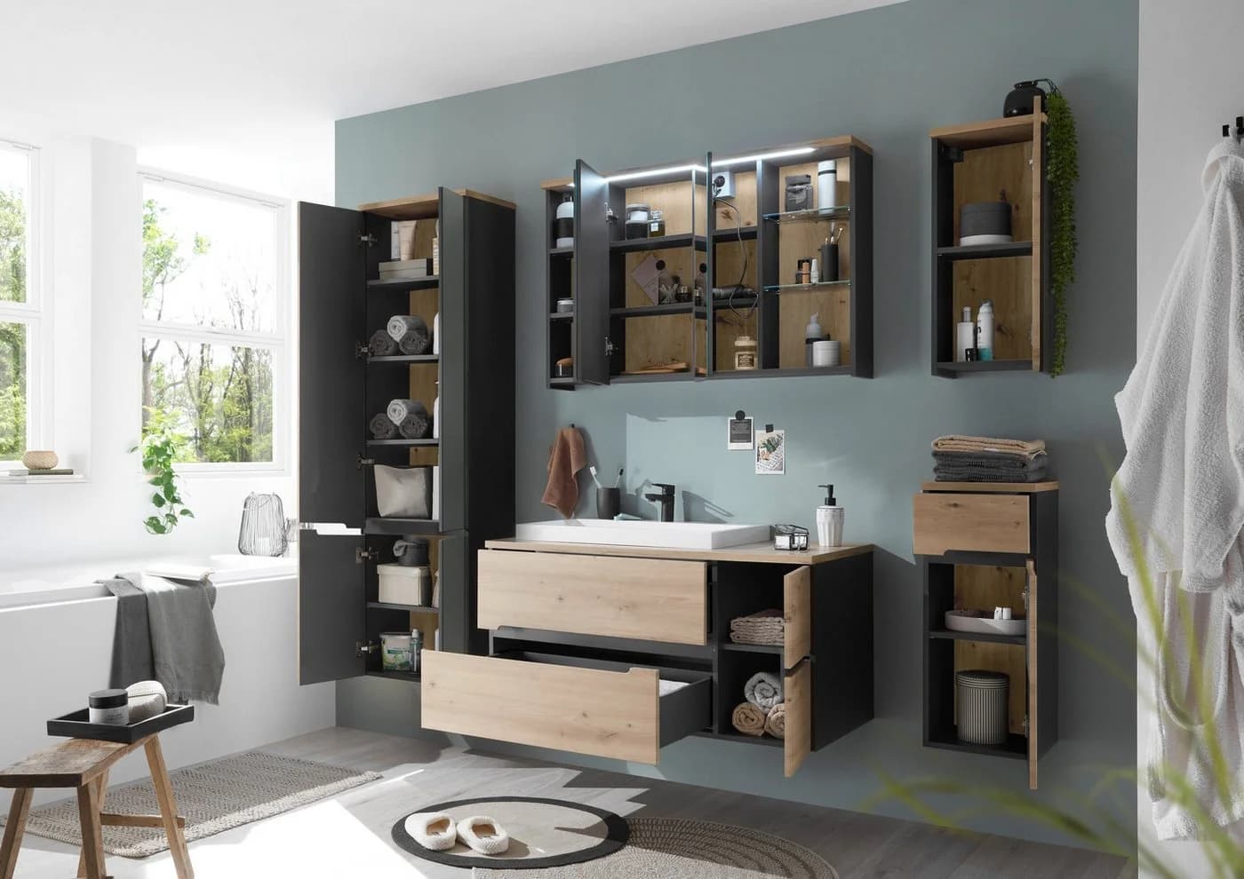 PREISBRECHER Badezimmer-Set Memphis 5-tlg. Grau/Artisan Eiche