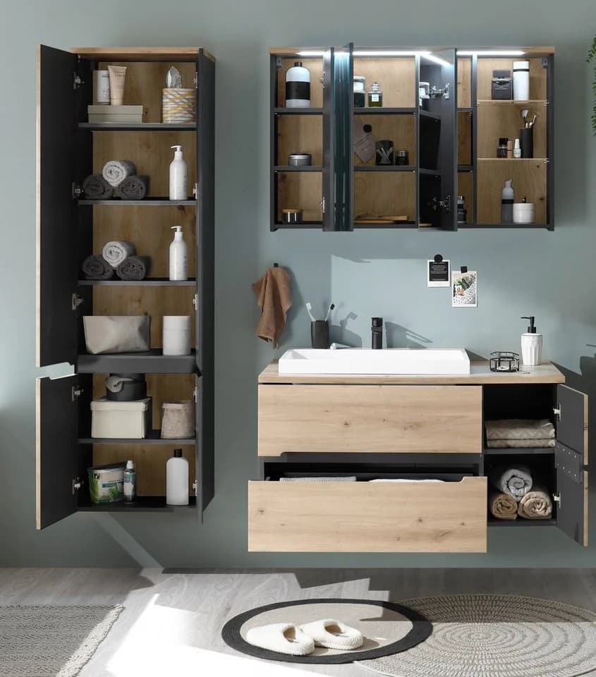PREISBRECHER Badezimmer-Set Memphis 3-tlg. Grau/Artisan Eiche