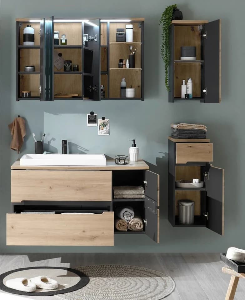PREISBRECHER Badezimmer-Set Memphis 4-tlg. Grau/Artisan Eiche