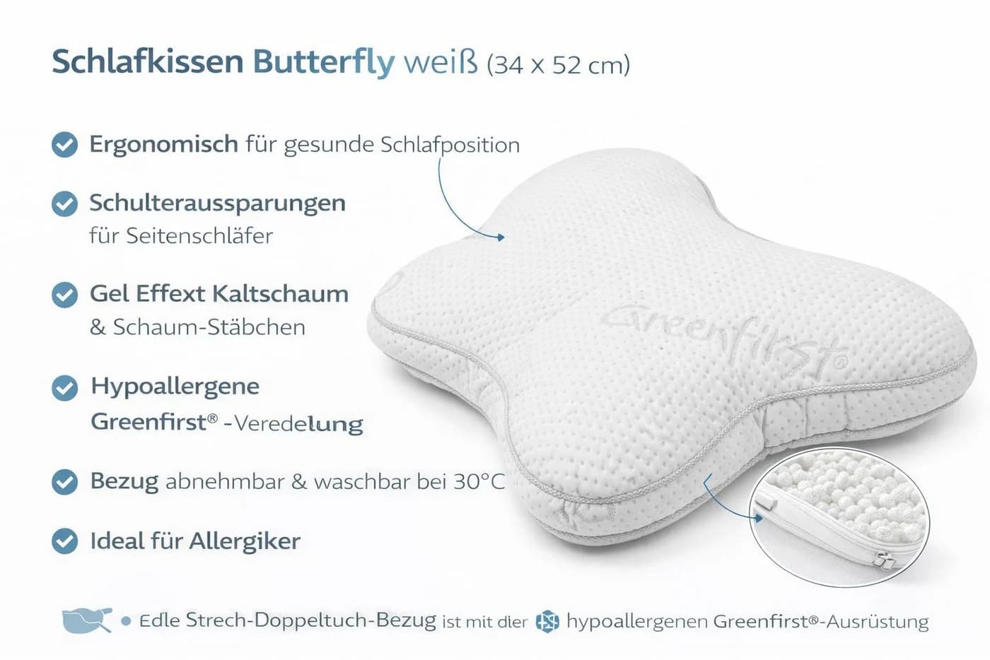 möbelando Kopfkissen Butterfly Weiß ergonomisch