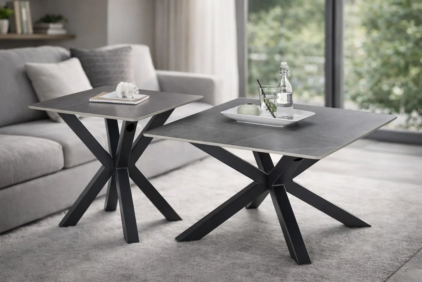 möbelando Couchtisch Janin 2er-Set Keramik Steinoptik Grau Schwarz - Bild 2