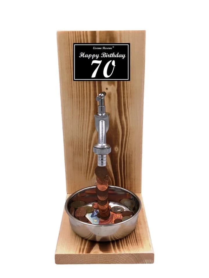 Eiserne Reserve Geschenkbox Happy Birthday 70 - Geldhahn mit Holzbox - Bild 2
