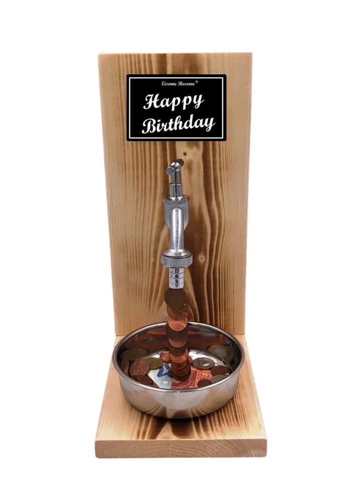 Eiserne Reserve Geschenkbox Happy Birthday - Geldhahn mit Holzbox - Bild 2