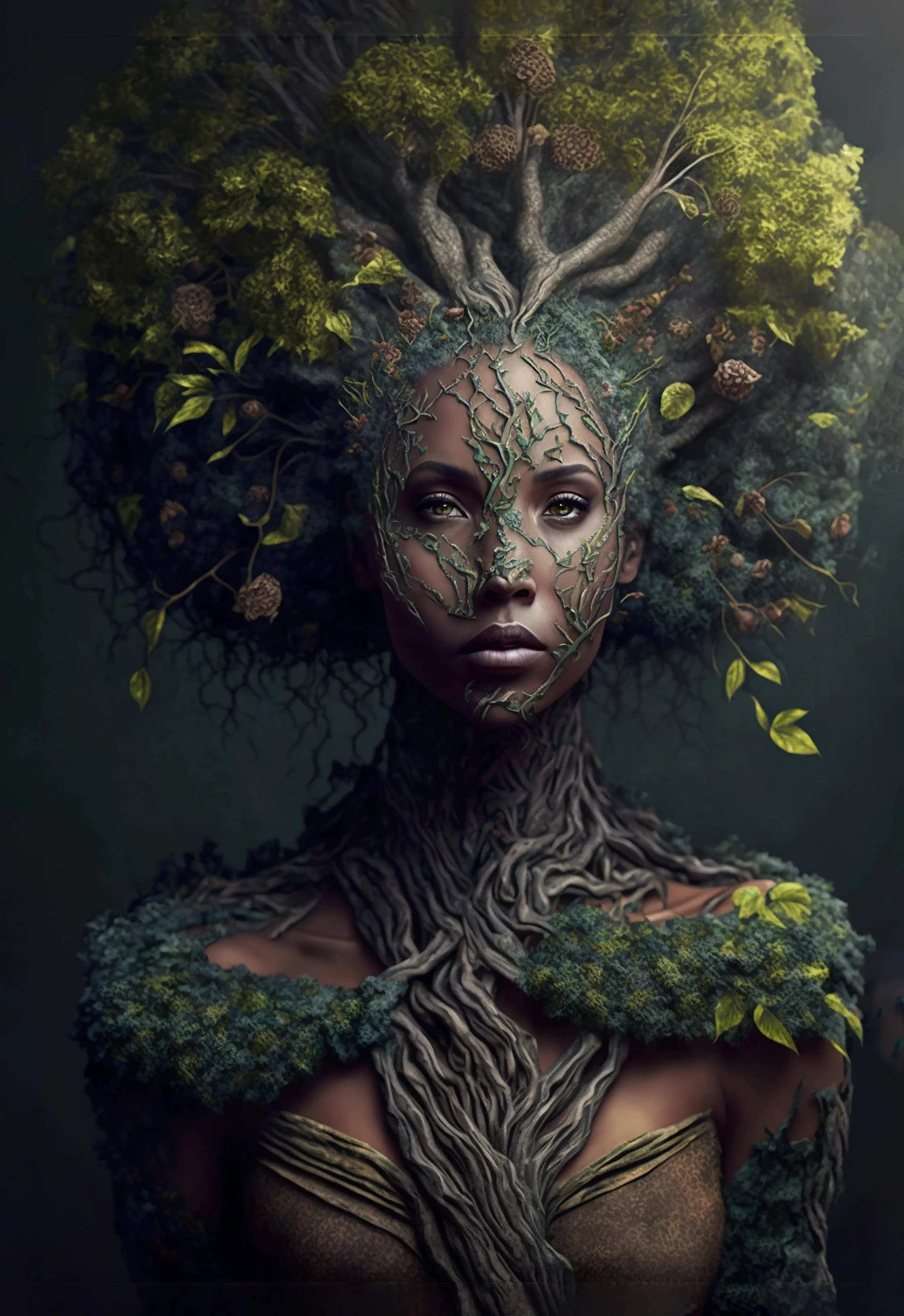 Leinwandbild Treewoman Abstrakt Grün Braun auf Keilrahmen