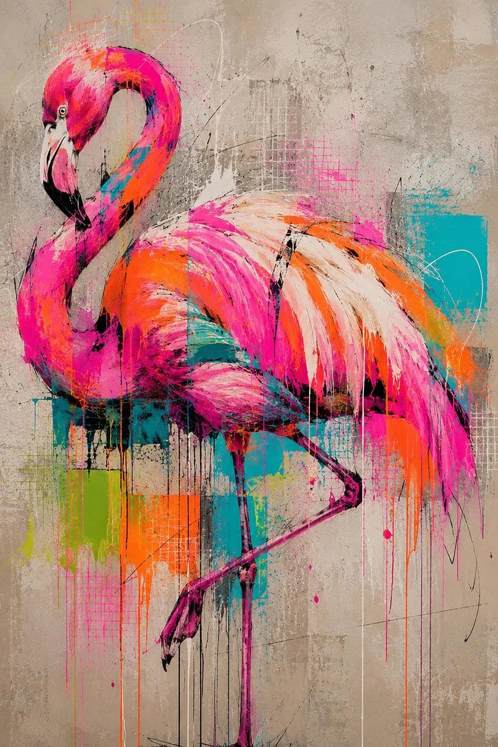 QUEENCE Acrylglasbild Urban Art Bunter Flamingo