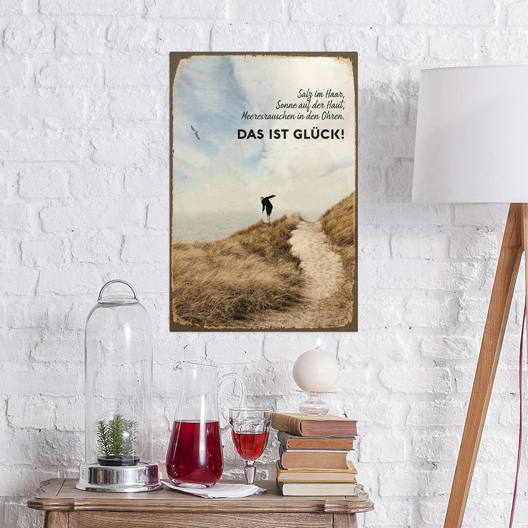 Metallbild QUEENCE "Meeresglück" Beige Schriftzug Strand