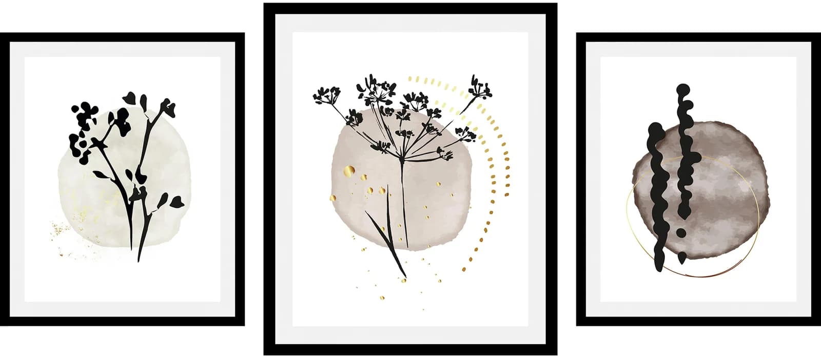 queence Bild Set Hamara, Abstrakt, Blumen, Pflanzen, Schwarz-Weiß, gerahmt