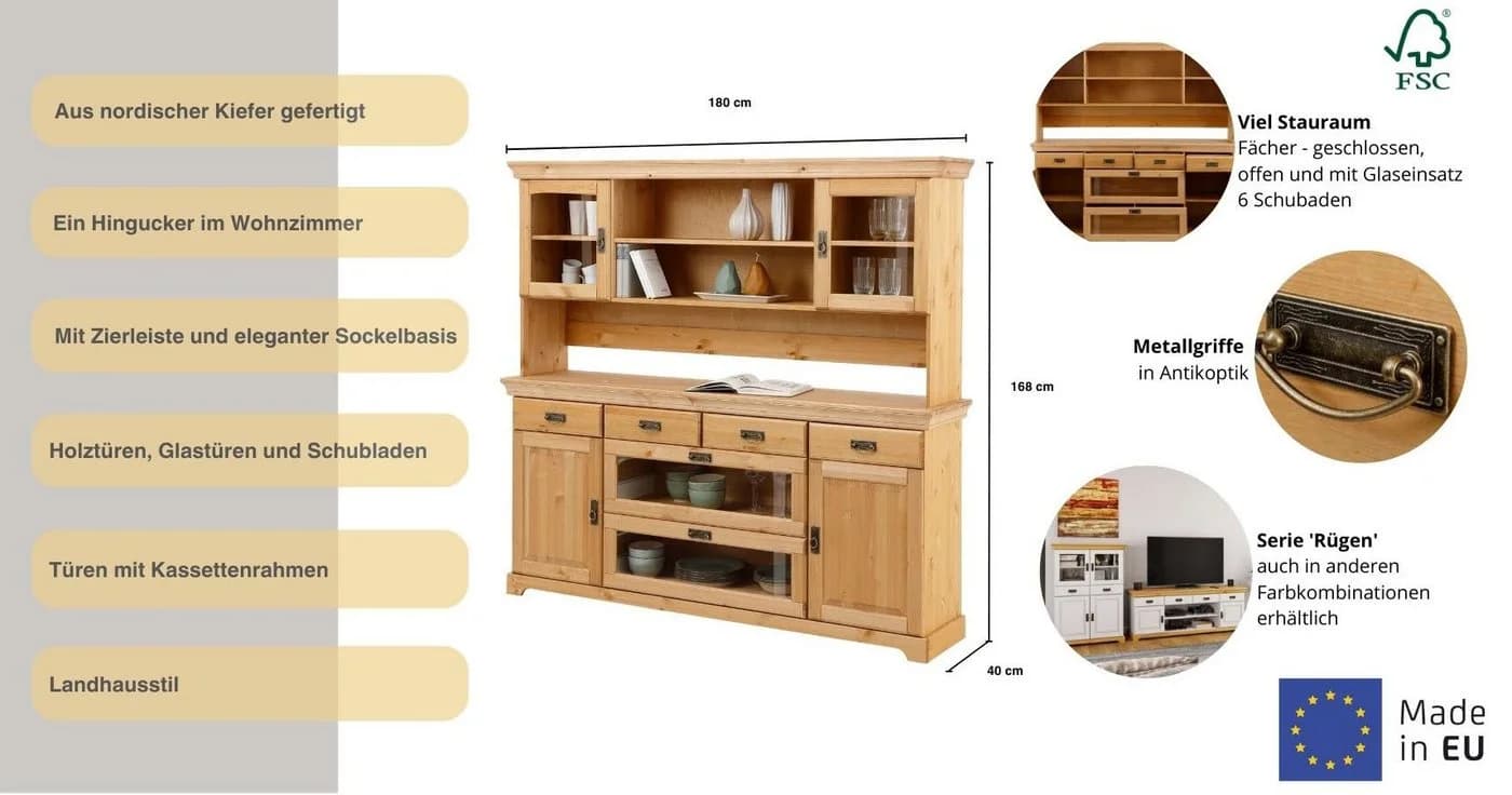 OTTO HOME Buffet Rügen Beige Kiefer Massivholz Landhausstil - Bild 3