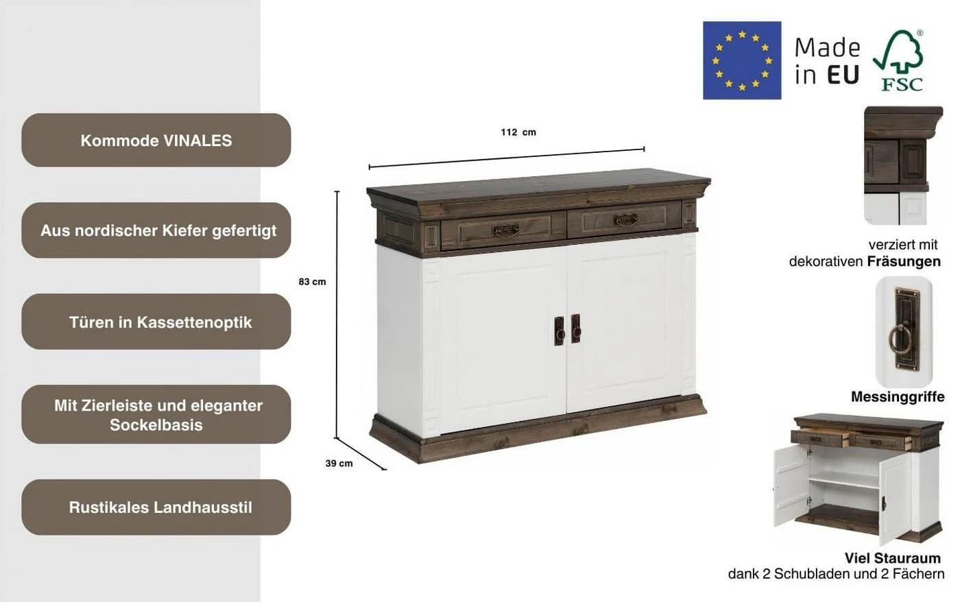 OTTO HOME Kommode Vinales Weiß/Wenge Massivholz Landhausstil - Bild 3