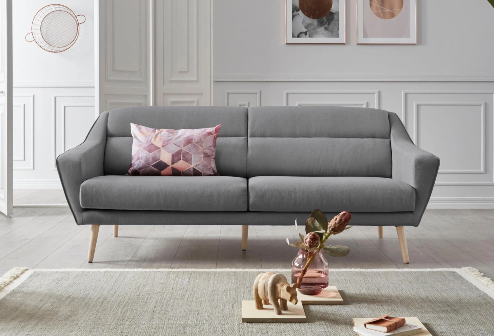 OTTO HOME Bille 3-Sitzer Sofa hellgrau Samtoptik Eiche-Beine