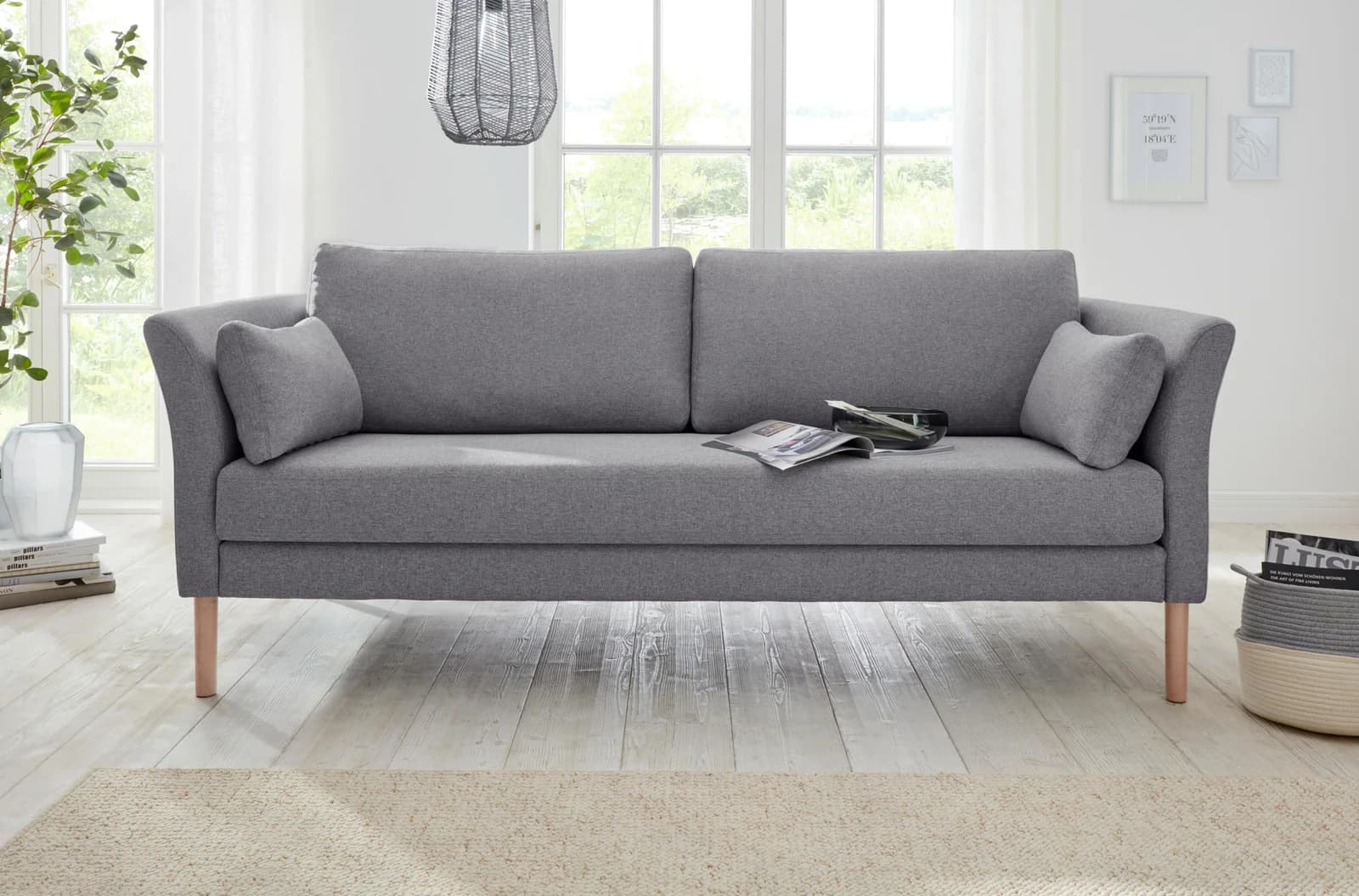 ANDAS 3-Sitzer Sofa "Grenzda" hellgrau mit Massivholzfüßen