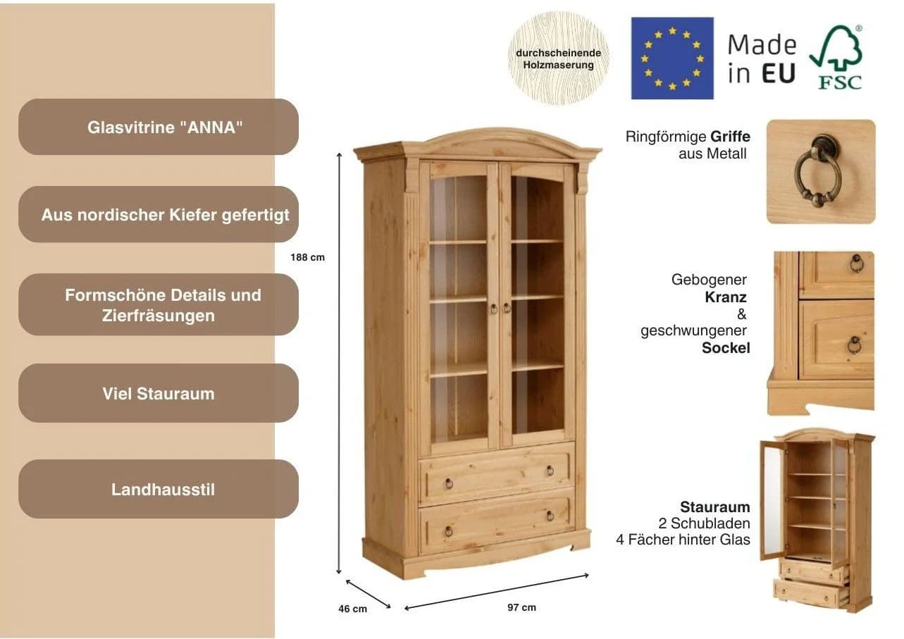 OTTO HOME Anna Glasvitrine Massivholz Kiefer Beige - Bild 3