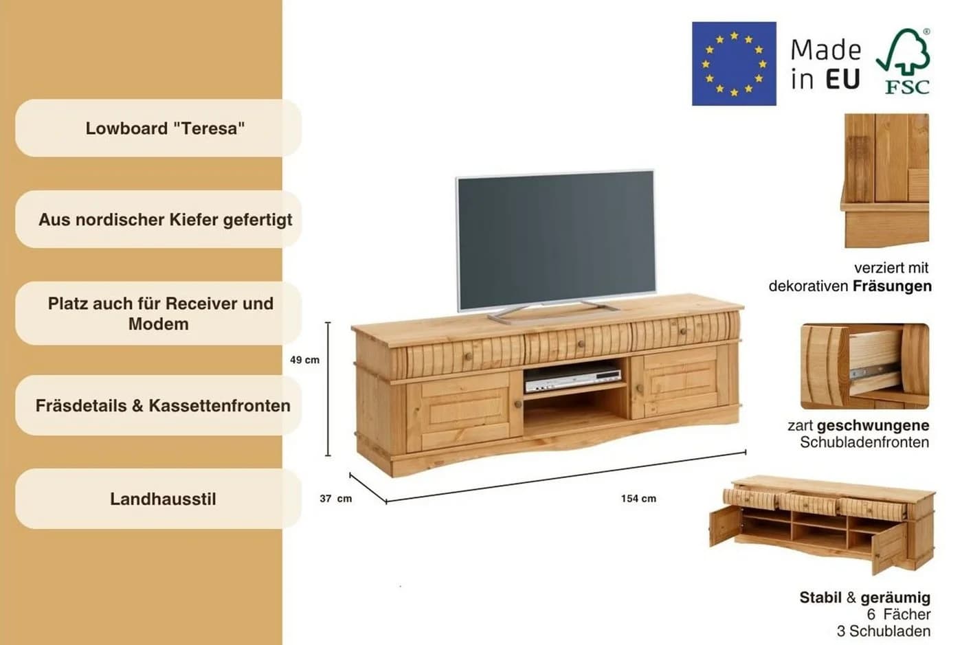 OTTO home Lowboard Teresa Massivholz Landhausstil Beige - Bild 3