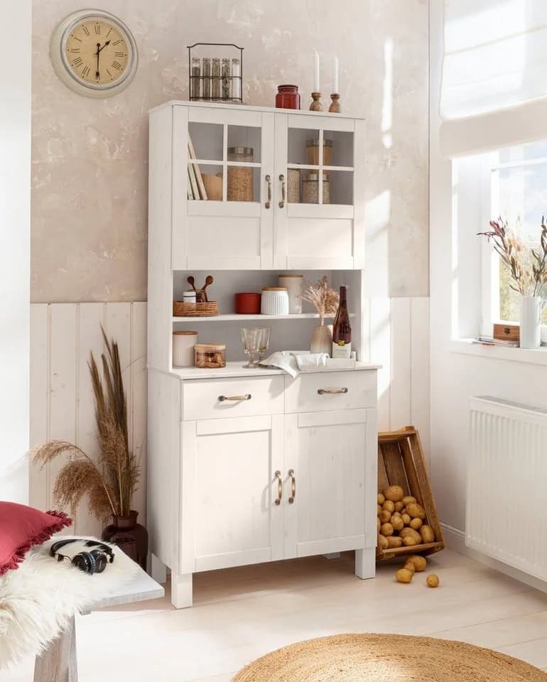 HOME AFFAIRE Küchenbuffet Alby Weiß Massivholz mit Glasfronten