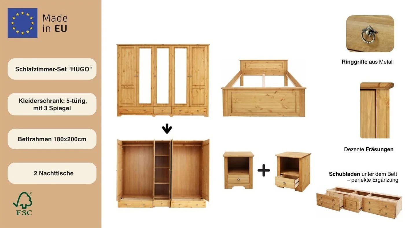OTTO HOME Hugo Schlafzimmer-Set 4-tlg. Beige Massivholz - Bild 3