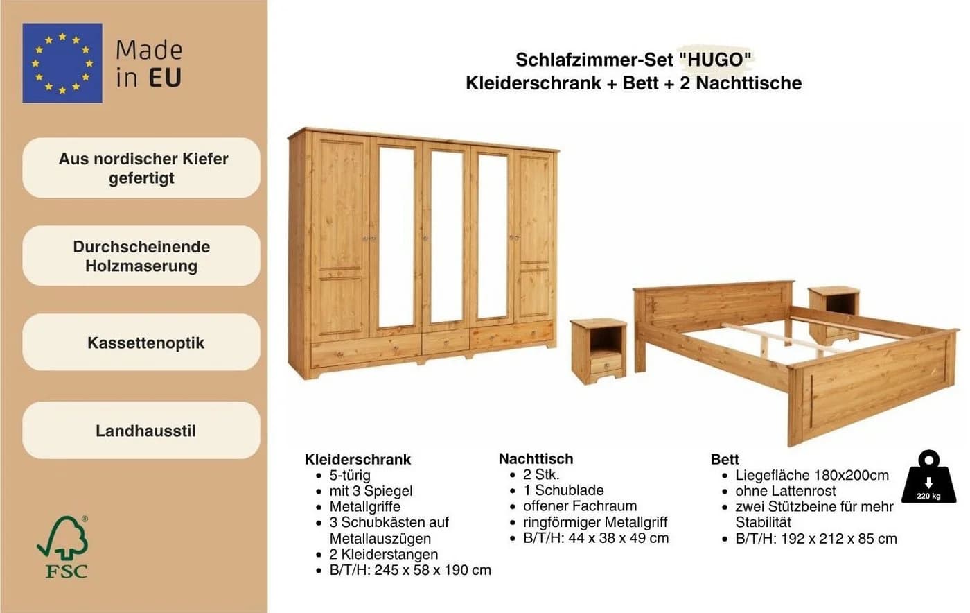OTTO HOME Hugo Schlafzimmer-Set 4-tlg. Beige Massivholz - Bild 4