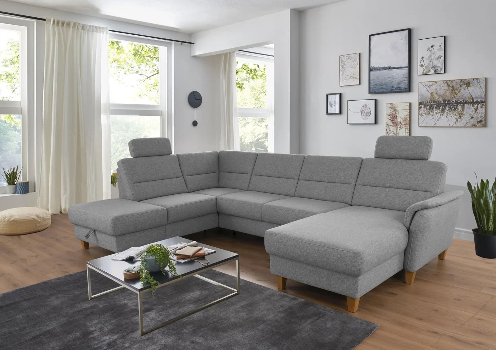 HOME AFFAIRE Wohnlandschaft Palmera U-Form Silber Bettfunktion