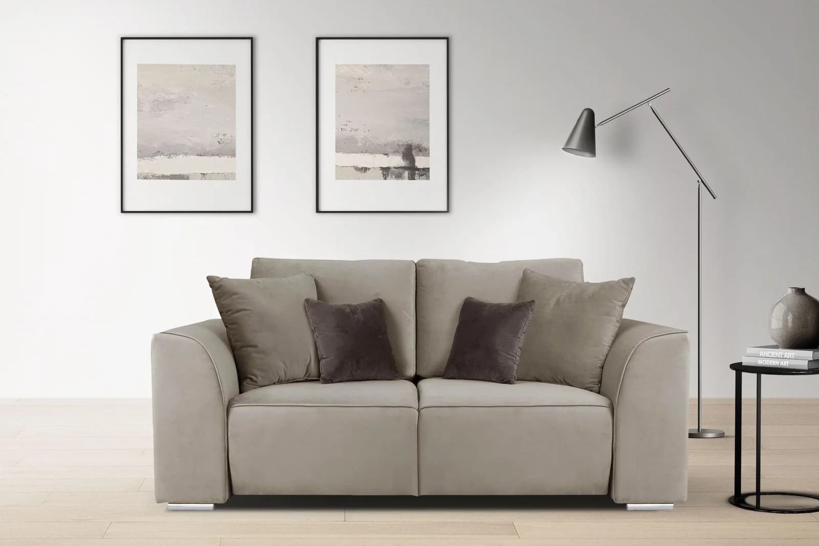 INOSIGN BEATRICE 2-Sitzer Sofa Beige Samtoptik mit Zierkissen
