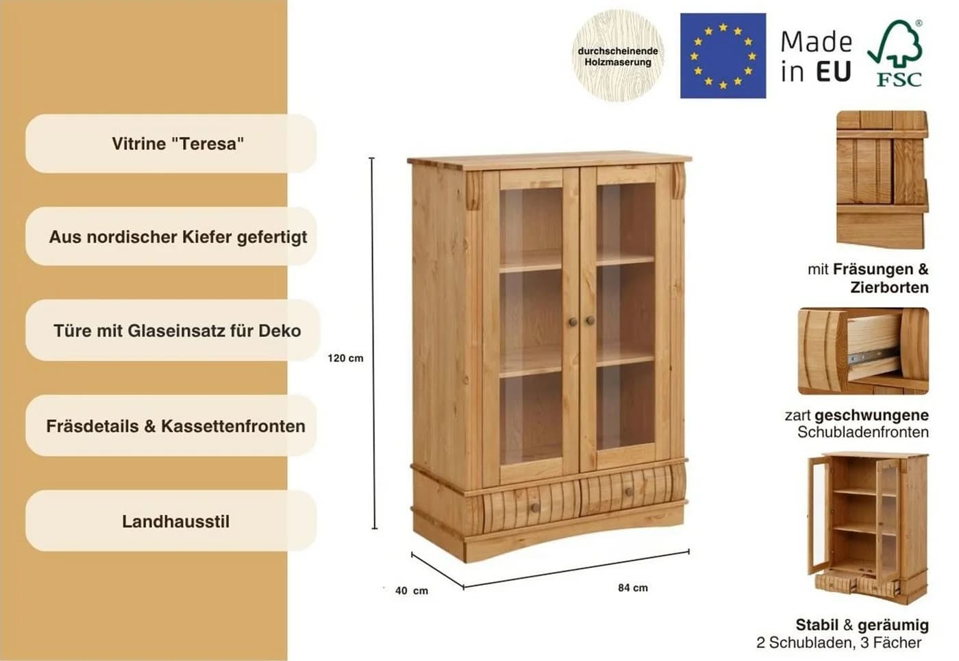 OTTO HOME Teresa Highboard Vitrine Landhaus Stil Geölt - Bild 3
