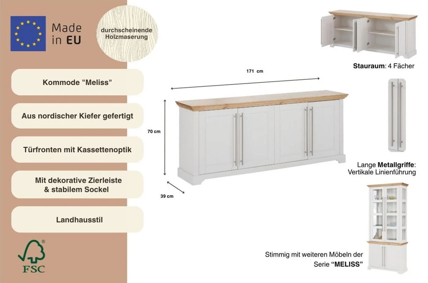 OTTO HOME Kommode Melissa Weiß Massivholz 4-türig - Bild 3