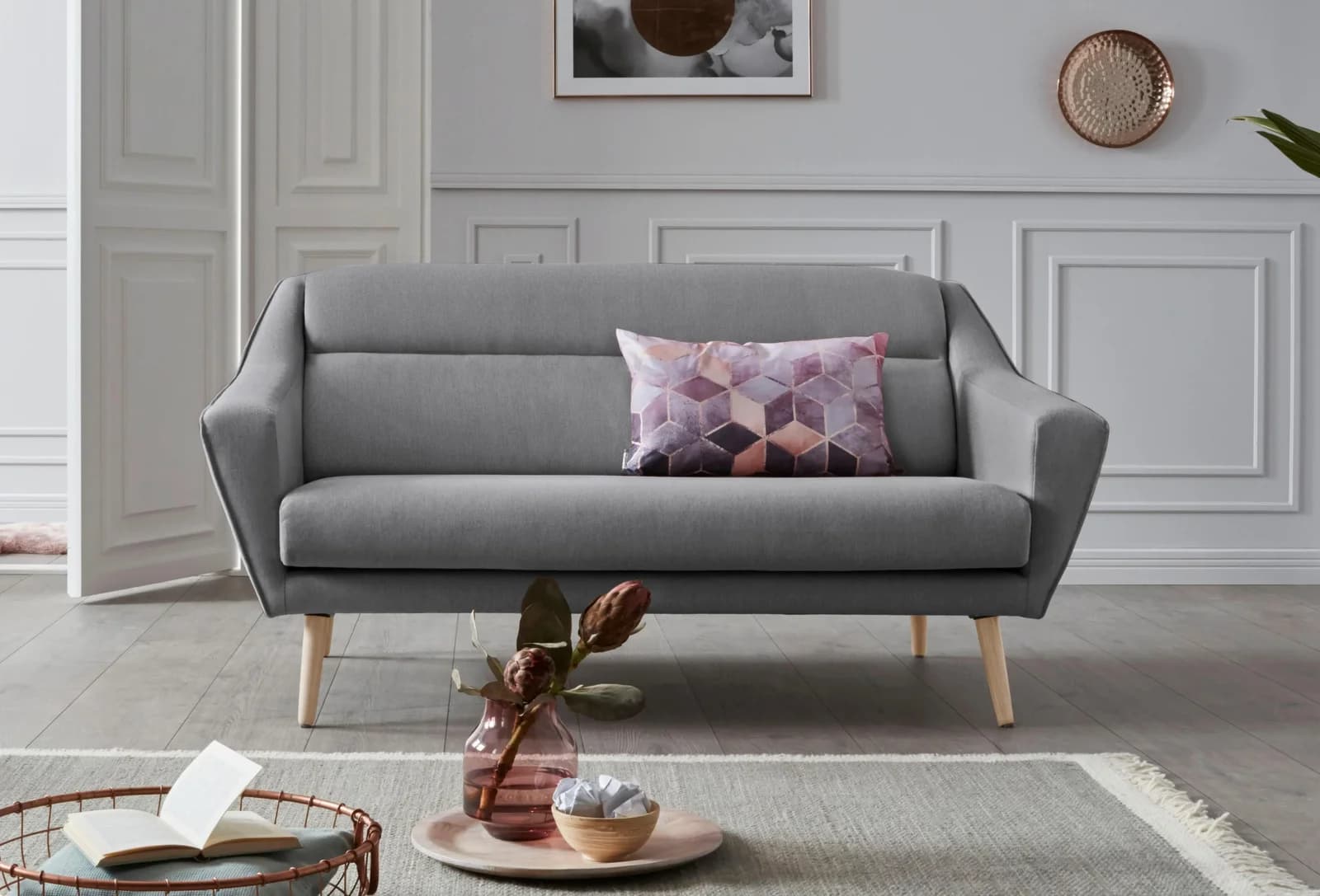 OTTO HOME Bille 2-Sitzer Sofa hellgrau Microfaser Eiche-Beine