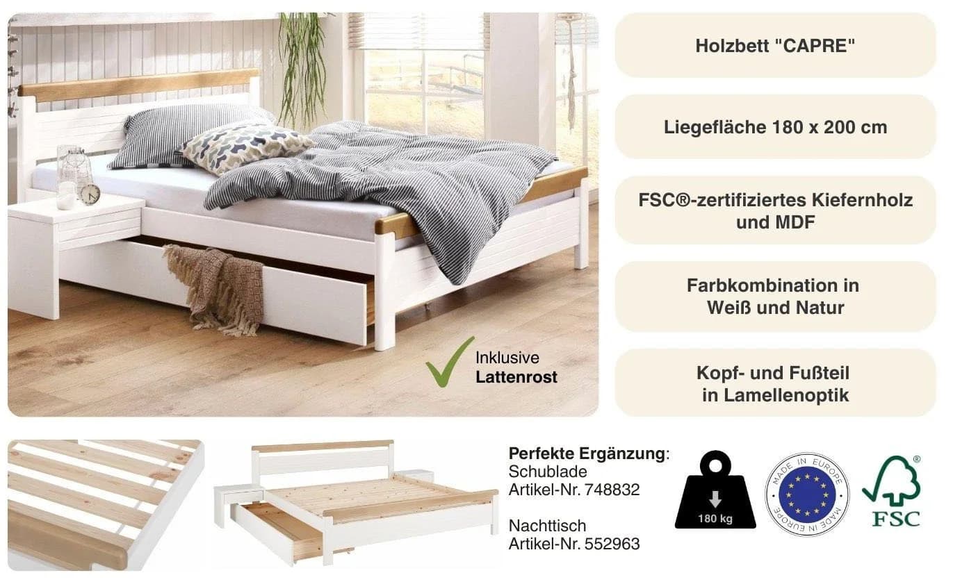 OTTO home Massivholzbett CAPRE Skandinavischer Landhausstil mit Rollrost - Bild 3