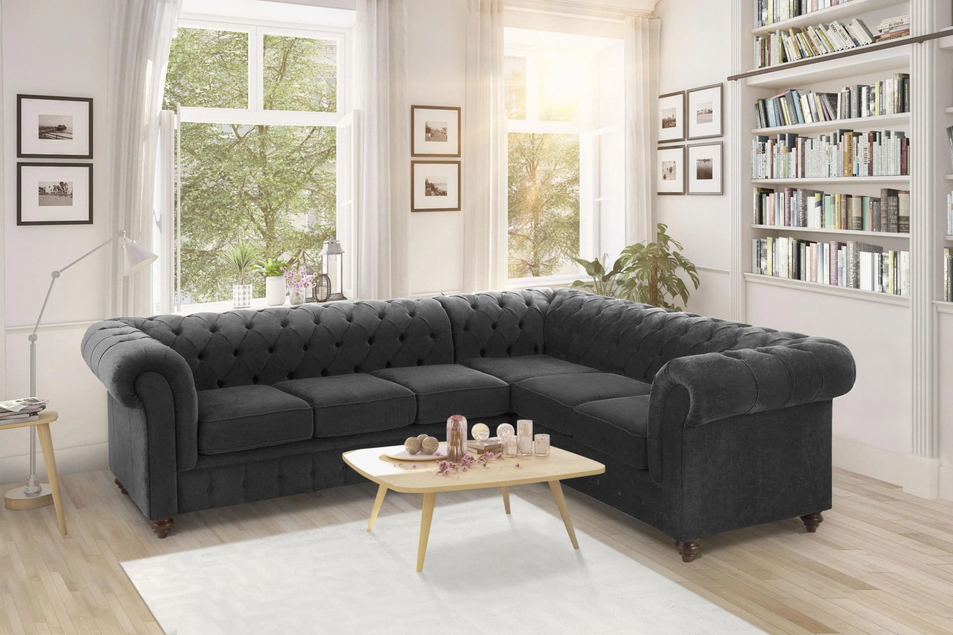 HOME AFFAIRE Chesterfield Ecksofa L-Form Anthrazit Samtoptik