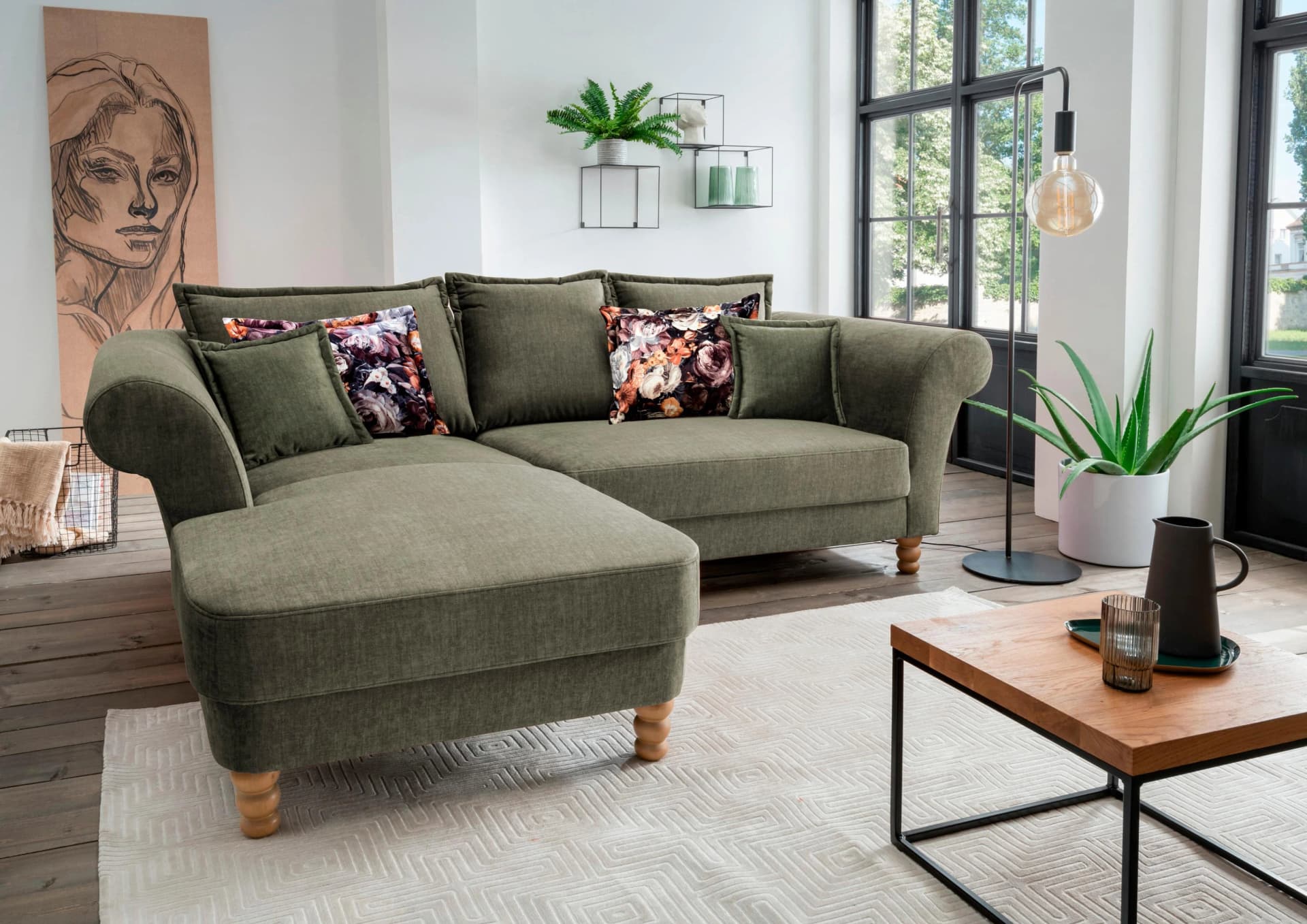 Home Affaire Tassilo Mega Ecksofa L-Form Dunkelgrün Velours