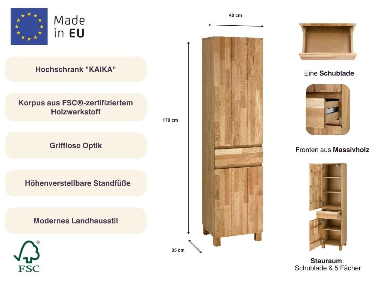 HOME AFFAIRE Hochschrank Kaika Eiche Massiv 2 Türen 1 Schublade - Bild 3