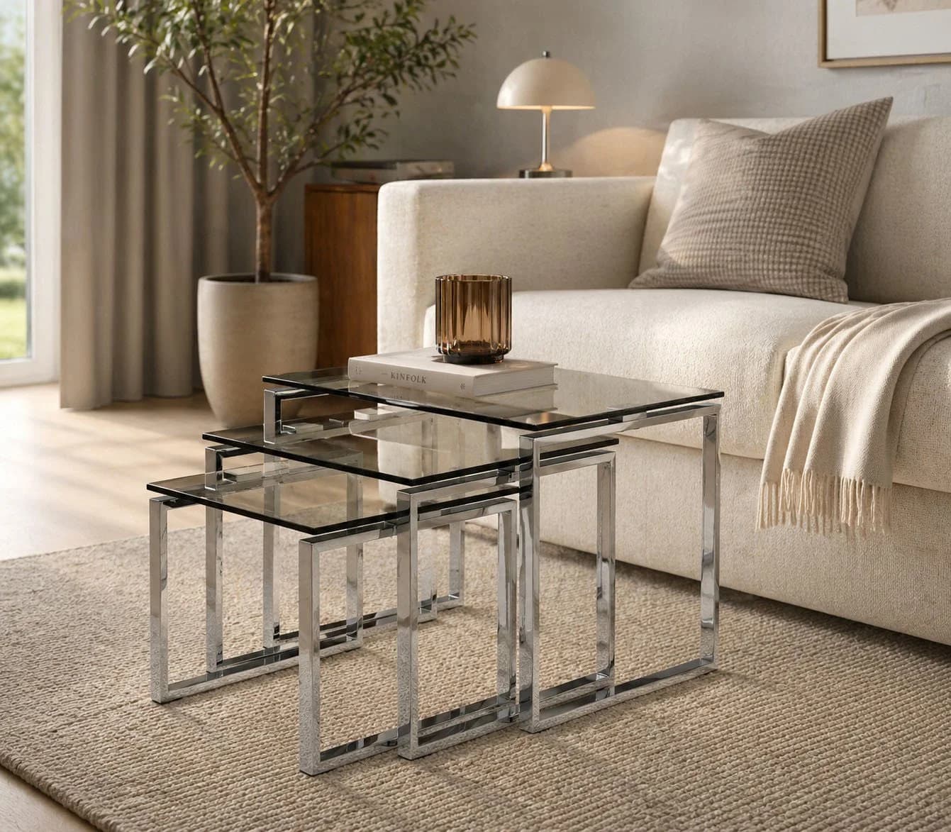 ACTONA GROUP Katrine Beistelltisch-Set 3-tlg. Glas Chrom Modern
